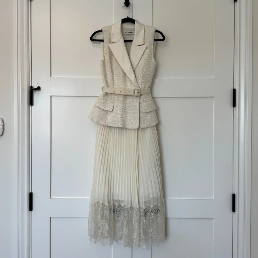 Self-Portrait Lace-Trimmed Bouclé & Chiffon Midi Dress – Size 2 - Picture 7 of 16